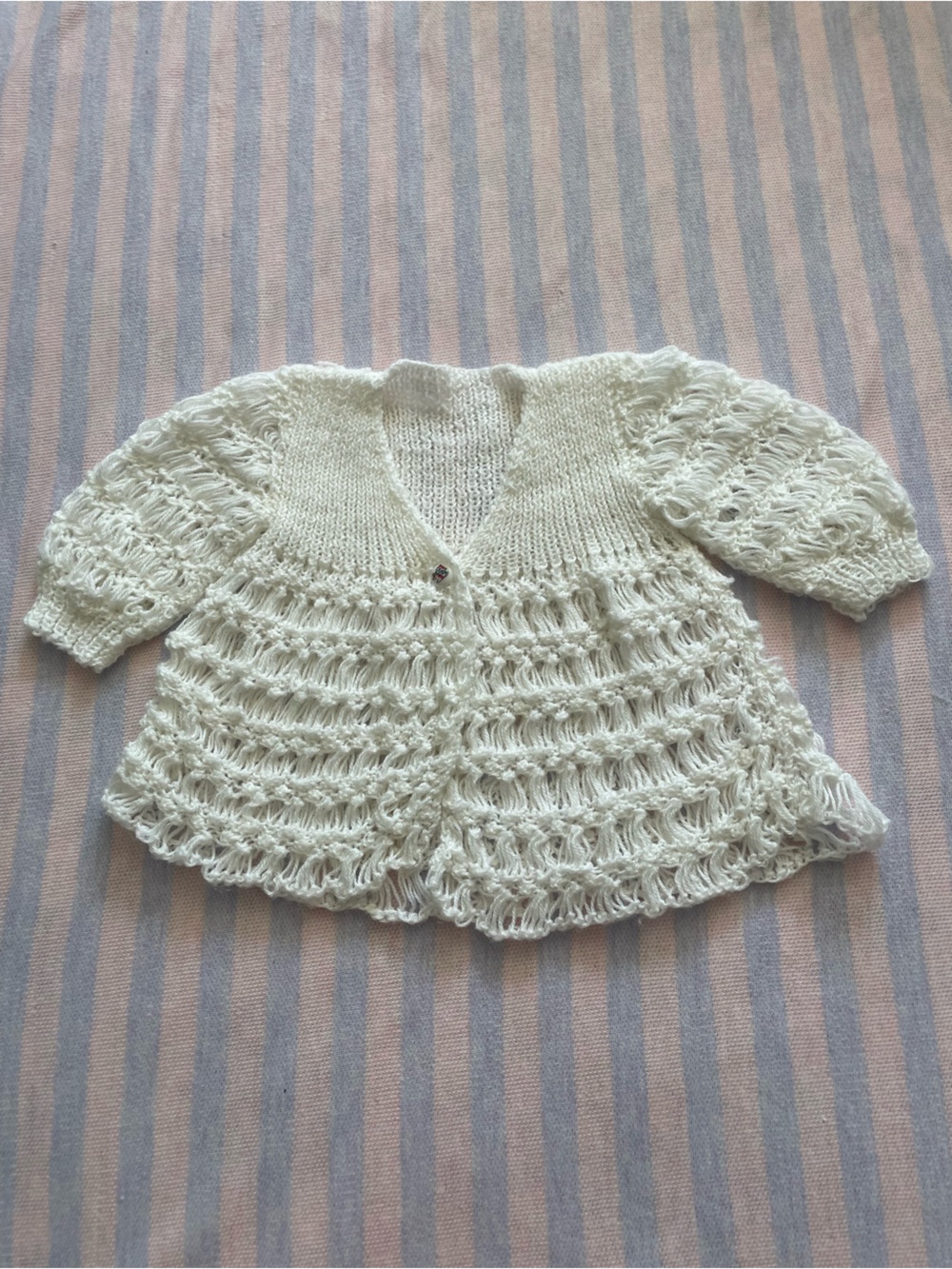 Vintage handmade Cream Crocheted Kids Shrug with kitten button Closure